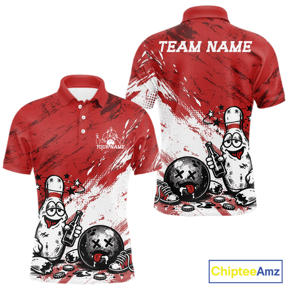 Vibrant red customized bowling polo shirt with funny drunk cartoon pin and ball graphic design

