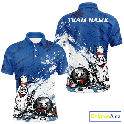 Royal blue personalized bowling polo featuring funny drunk pin and ball cartoon graphic