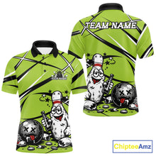 Load image into Gallery viewer, Lime Green polo shirt with funny drunk bowling ball and pins cartoon design