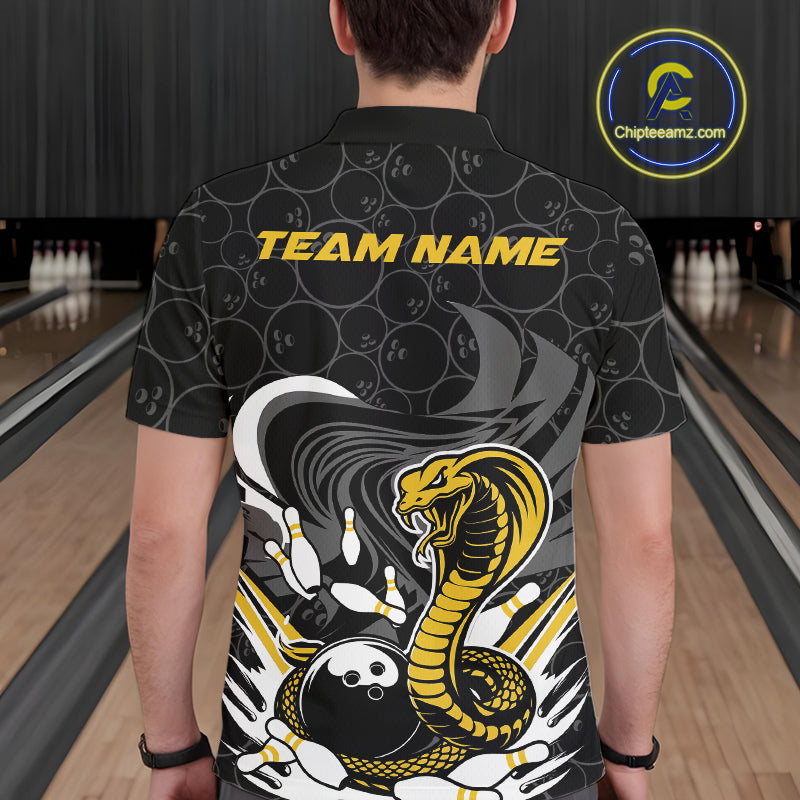 Custom Black And Yellow Cobra Snake Bowling Polo Shirts For Men, Cobra Bowling Team Shirt IPHW9699