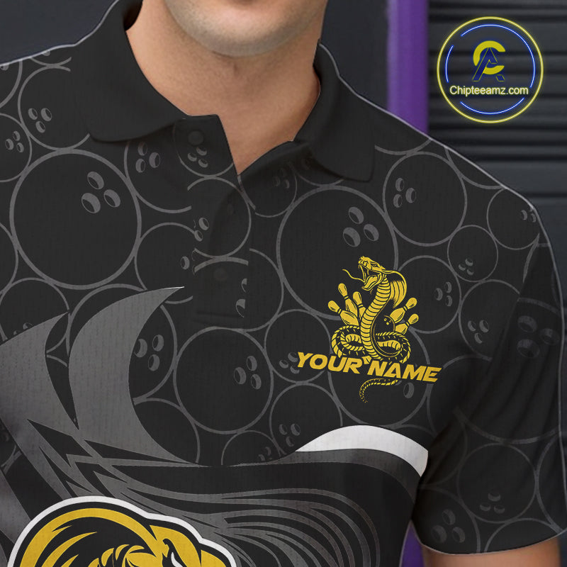 Custom Black And Yellow Cobra Snake Bowling Polo Shirts For Men, Cobra Bowling Team Shirt IPHW9699