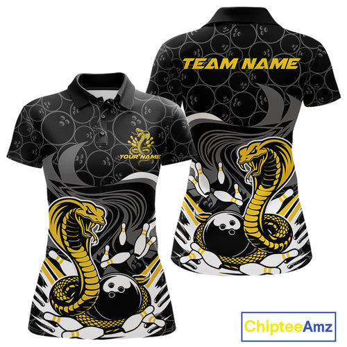 Custom Black And Yellow Cobra Snake Bowling Women Polo Shirts, Cobra Bowling Team Shirt IPHW9699
