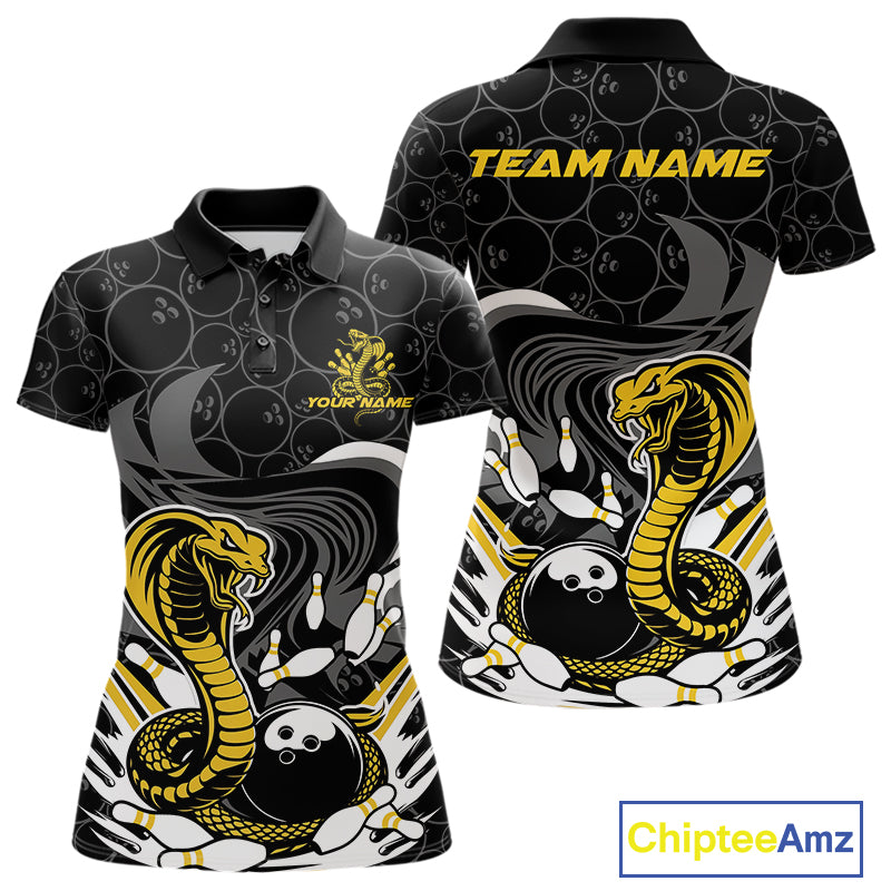 Custom Black And Yellow Cobra Snake Bowling Women Polo Shirts, Cobra Bowling Team Shirt IPHW9699