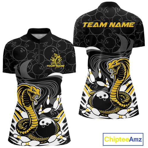 Custom Black And Yellow Cobra Snake Bowling Women Quarter-Zip Shirts, Bowling Team Shirt IPHW9699
