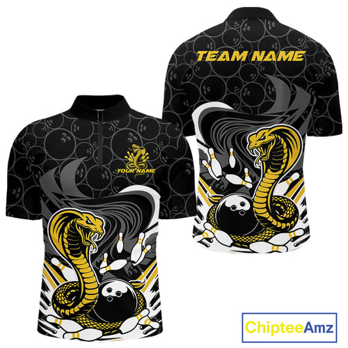 Custom Black And Yellow Cobra Snake Bowling Quarter-Zip Shirts For Men, Cobra Bowling Team Shirt IPHW9699