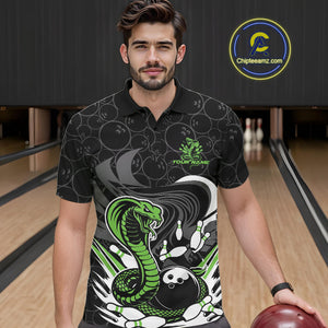 Custom Black And Green Cobra Snake Bowling Polo Shirts For Men, Cobra Bowling Team Shirt IPHW9701