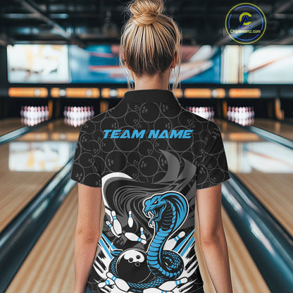 Custom Black And Blue Cobra Snake Bowling Polo Shirts For Women, Cobra Bowling Team Shirt IPHW9702