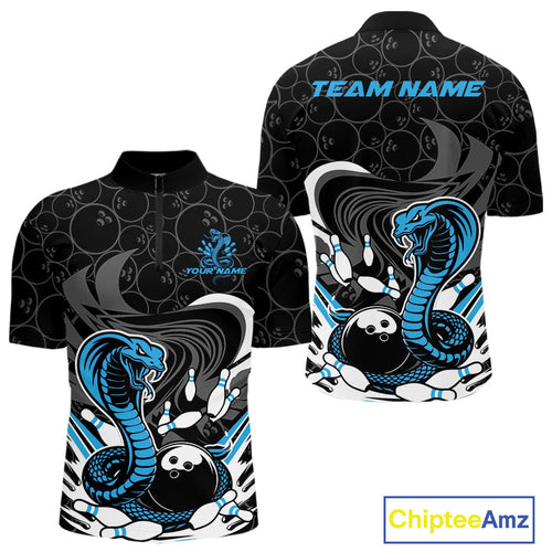 Custom Black And Blue Cobra Snake Bowling Quarter-Zip Shirts For Men, Cobra Bowling Team Shirt IPHW9702