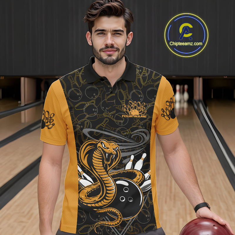 Custom Yellow Cobra Snake Bowling Team Men Polo Shirts, Bowling Pattern Shirt IPHW9703