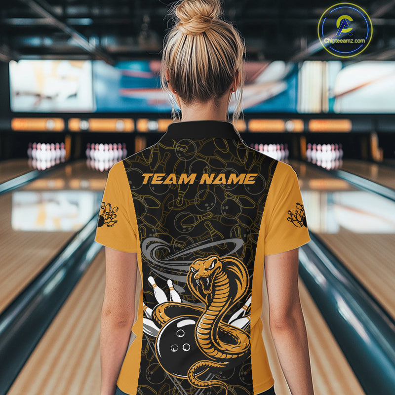 Custom Yellow Cobra Snake Bowling Team Women Quarter-Zip Shirts, Bowling Pattern Shirt IPHW9703