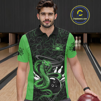 Custom Green Cobra Snake Bowling Team Men Polo Shirts, Bowling Pattern Shirt IPHW9704