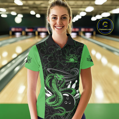 Custom Green Cobra Snake Bowling Team Women Polo Shirts, Bowling Pattern Shirt IPHW9704