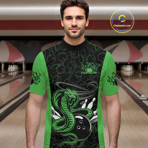 Custom Green Cobra Snake Bowling Team Men Quarter-Zip Shirts, Bowling Pattern Shirt IPHW9704