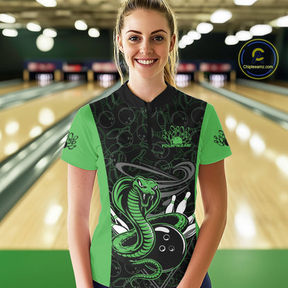 Custom Green Cobra Snake Bowling Team Women Quarter-Zip Shirts, Bowling Pattern Shirt IPHW9704