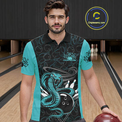 Custom Blue Cobra Snake Bowling Team Men Polo Shirts, Bowling Pattern Shirt IPHW9706