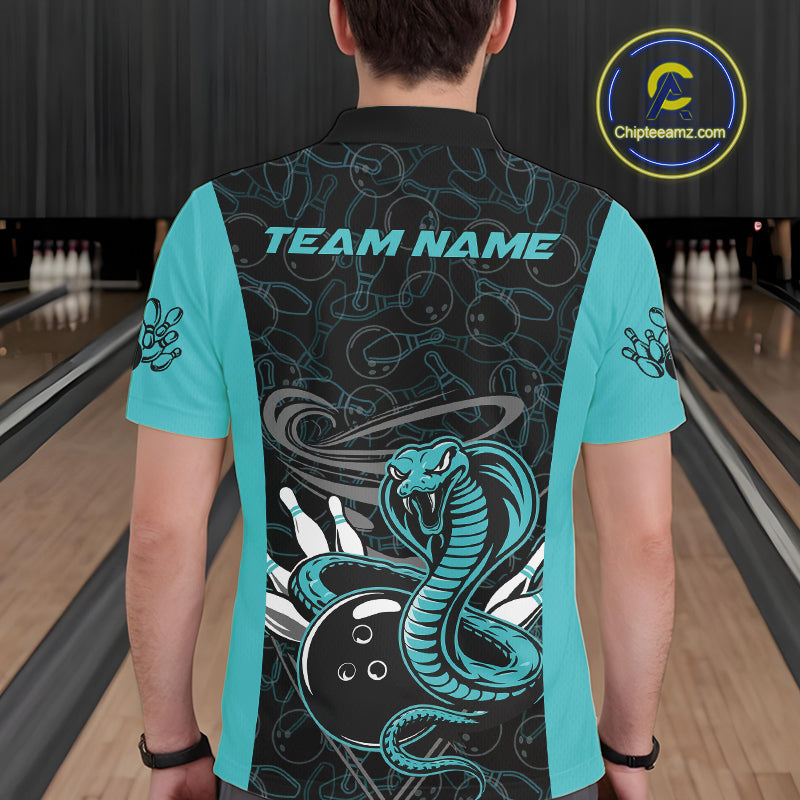 Custom Blue Cobra Snake Bowling Team Men Polo Shirts, Bowling Pattern Shirt IPHW9706