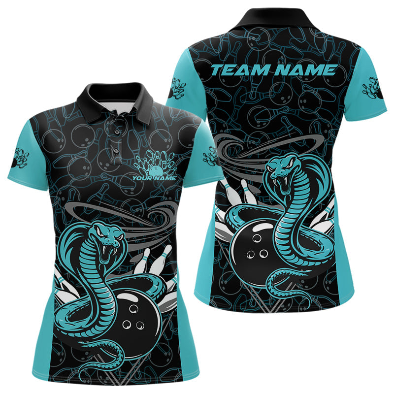 Custom Blue Cobra Snake Bowling Team Women Polo Shirts, Bowling Pattern Shirt IPHW9706