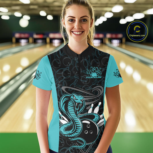 Custom Blue Cobra Snake Bowling Team Women Quarter-Zip Shirts, Bowling Pattern Shirt IPHW9706