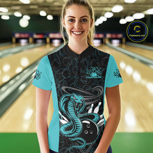 Load image into Gallery viewer, Custom Blue Cobra Snake Bowling Team Women Quarter-Zip Shirts, Bowling Pattern Shirt IPHW9706