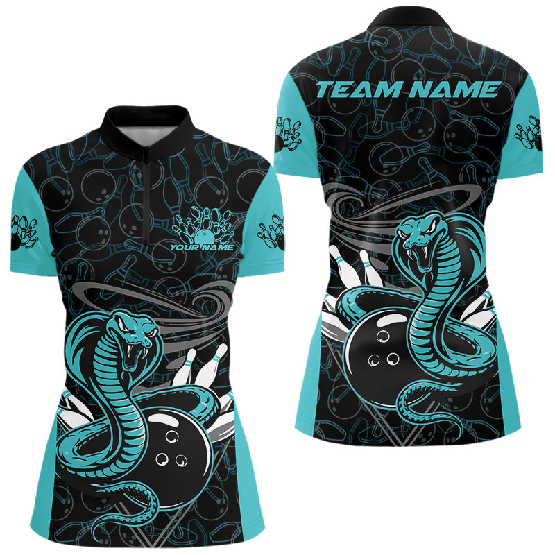 Custom Blue Cobra Snake Bowling Team Women Quarter-Zip Shirts, Bowling Pattern Shirt IPHW9706