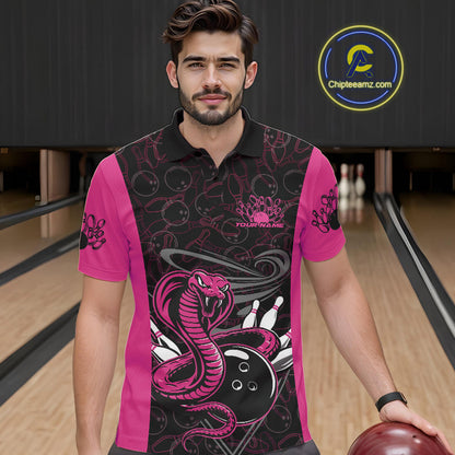 Custom Pink Cobra Snake Bowling Team Men Polo Shirts, Bowling Pattern Shirt IPHW9707