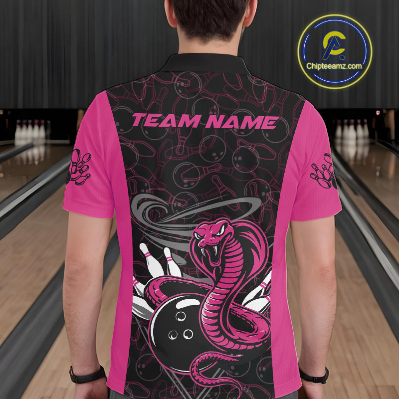 Custom Pink Cobra Snake Bowling Team Men Polo Shirts, Bowling Pattern Shirt IPHW9707