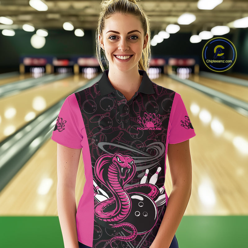Custom Pink Cobra Snake Bowling Team Women Polo Shirts, Bowling Pattern Shirt IPHW9707