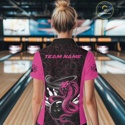 Custom Pink Cobra Snake Bowling Team Women Polo Shirts, Bowling Pattern Shirt IPHW9707