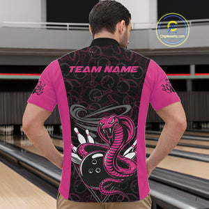 Custom Pink Cobra Snake Bowling Team Men Quarter-Zip Shirts, Bowling Pattern Shirt IPHW9707