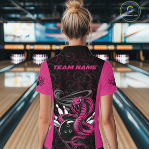 Custom Pink Cobra Snake Bowling Team Women Quarter-Zip Shirts, Bowling Pattern Shirt IPHW9707