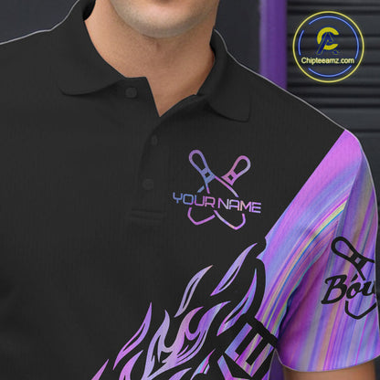Custom Hologram Flame Strike Bowling Polo Shirts For Men, Bowling Team Bowler Outfit IPHW9858