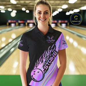 Custom Hologram Flame Strike Bowling Polo Shirts For Women, Bowling Team Bowler Outfit IPHW9858