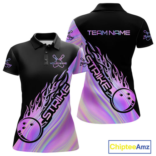 Custom Hologram Flame Strike Bowling Polo Shirts For Women, Bowling Team Bowler Outfit IPHW9858