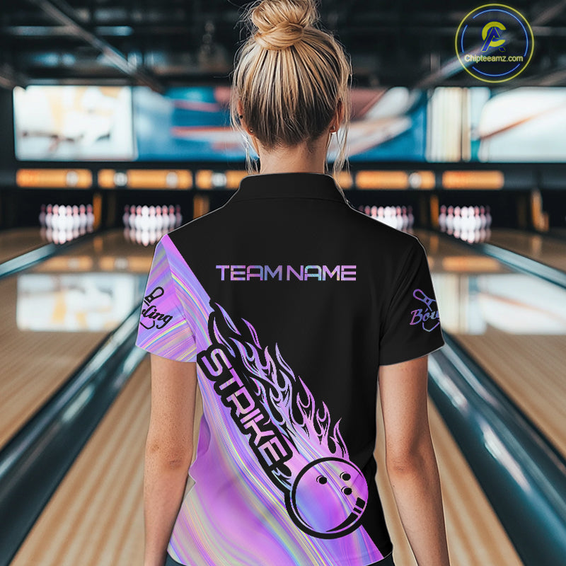 Custom Hologram Flame Strike Bowling Women Quarter-Zip Shirt, Bowling Team Bowler Outfit IPHW9858