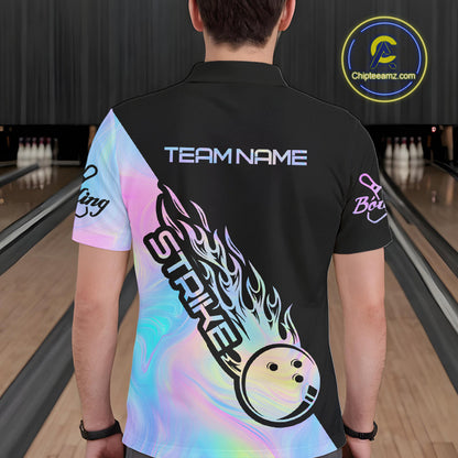 Custom Hologram Flame Strike Bowling Polo Shirts For Men, Bowling Team Bowler Outfit IPHW9859