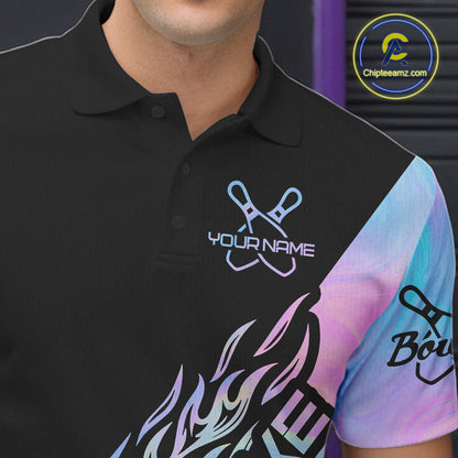 Custom Hologram Flame Strike Bowling Polo Shirts For Men, Bowling Team Bowler Outfit IPHW9859