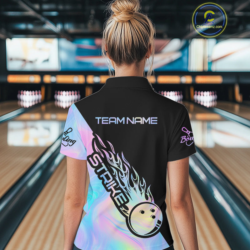 Custom Hologram Flame Strike Bowling Polo Shirts For Women, Bowling Team Bowler Outfit IPHW9859