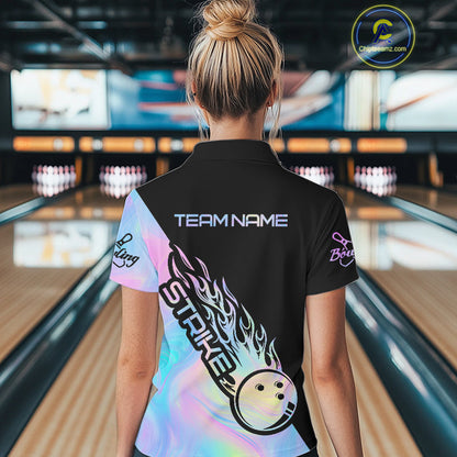 Custom Hologram Flame Strike Bowling Polo Shirts For Women, Bowling Team Bowler Outfit IPHW9859