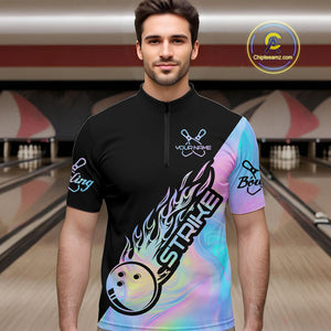 Custom Hologram Flame Strike Bowling Quarter-Zip Shirts For Men, Bowling Team Bowler Outfit IPHW9859