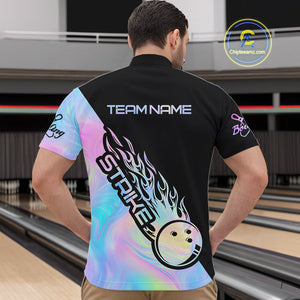Custom Hologram Flame Strike Bowling Quarter-Zip Shirts For Men, Bowling Team Bowler Outfit IPHW9859