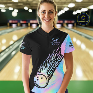 Custom Hologram Flame Strike Bowling Women Quarter-Zip Shirt, Bowling Team Bowler Outfit IPHW9859