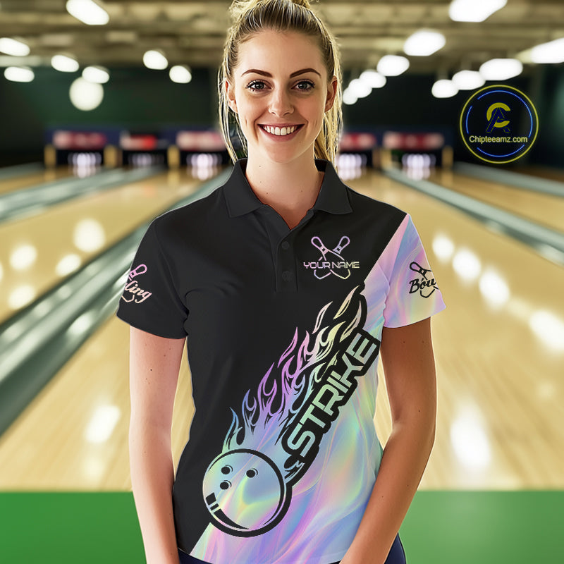 Custom Hologram Flame Strike Bowling Polo Shirts For Women, Bowling Team Bowler Outfit IPHW9860