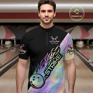 Custom Hologram Flame Strike Bowling Quarter-Zip Shirts For Men, Bowling Team Bowler Outfit IPHW9860