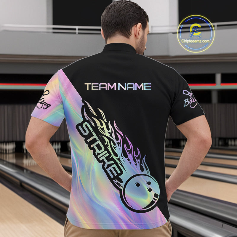 Custom Hologram Flame Strike Bowling Quarter-Zip Shirts For Men, Bowling Team Bowler Outfit IPHW9860
