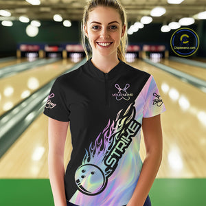 Custom Hologram Flame Strike Bowling Women Quarter-Zip Shirt, Bowling Team Bowler Outfit IPHW9860