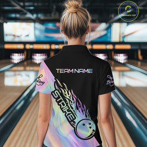 Custom Hologram Flame Strike Bowling Women Quarter-Zip Shirt, Bowling Team Bowler Outfit IPHW9860