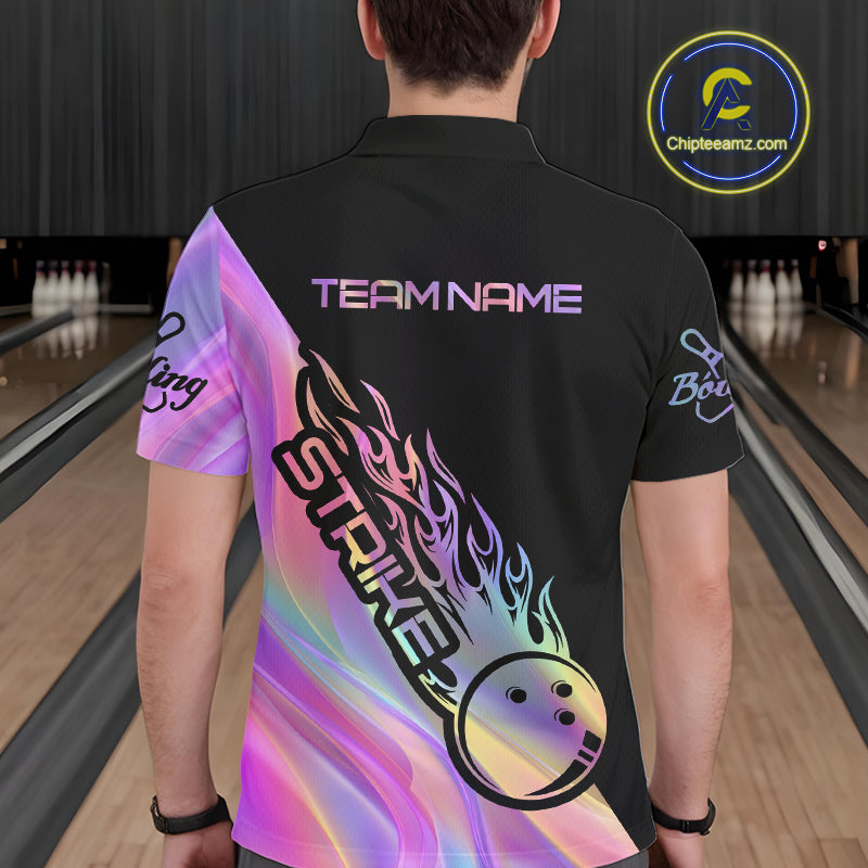 Custom Hologram Flame Strike Bowling Polo Shirts For Men, Bowling Team Bowler Outfit IPHW9861