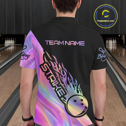 Custom Hologram Flame Strike Bowling Polo Shirts For Men, Bowling Team Bowler Outfit IPHW9861