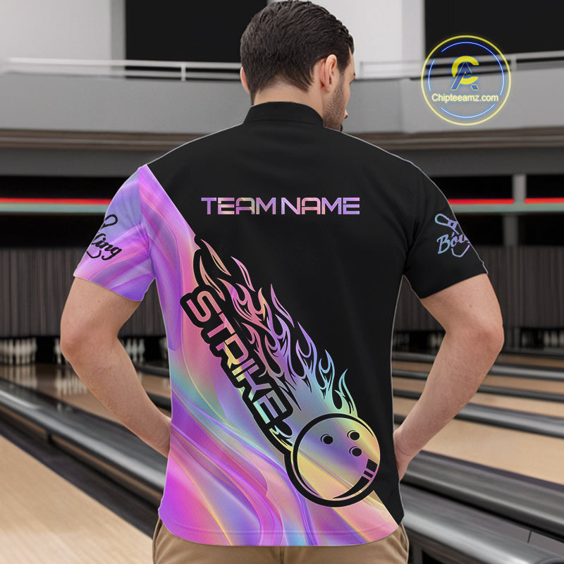 Custom Hologram Flame Strike Bowling Quarter-Zip Shirts For Men, Bowling Team Bowler Outfit IPHW9861