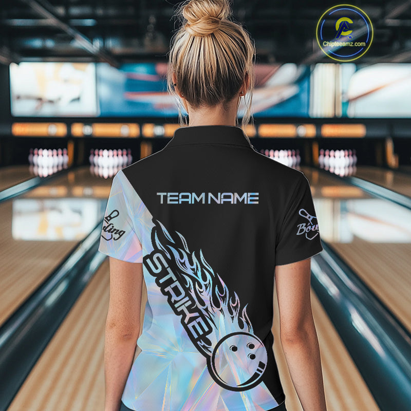 Custom Hologram Flame Strike Bowling Women Polo Shirt, Icy Crystal Bowling Shirt IPHW9862